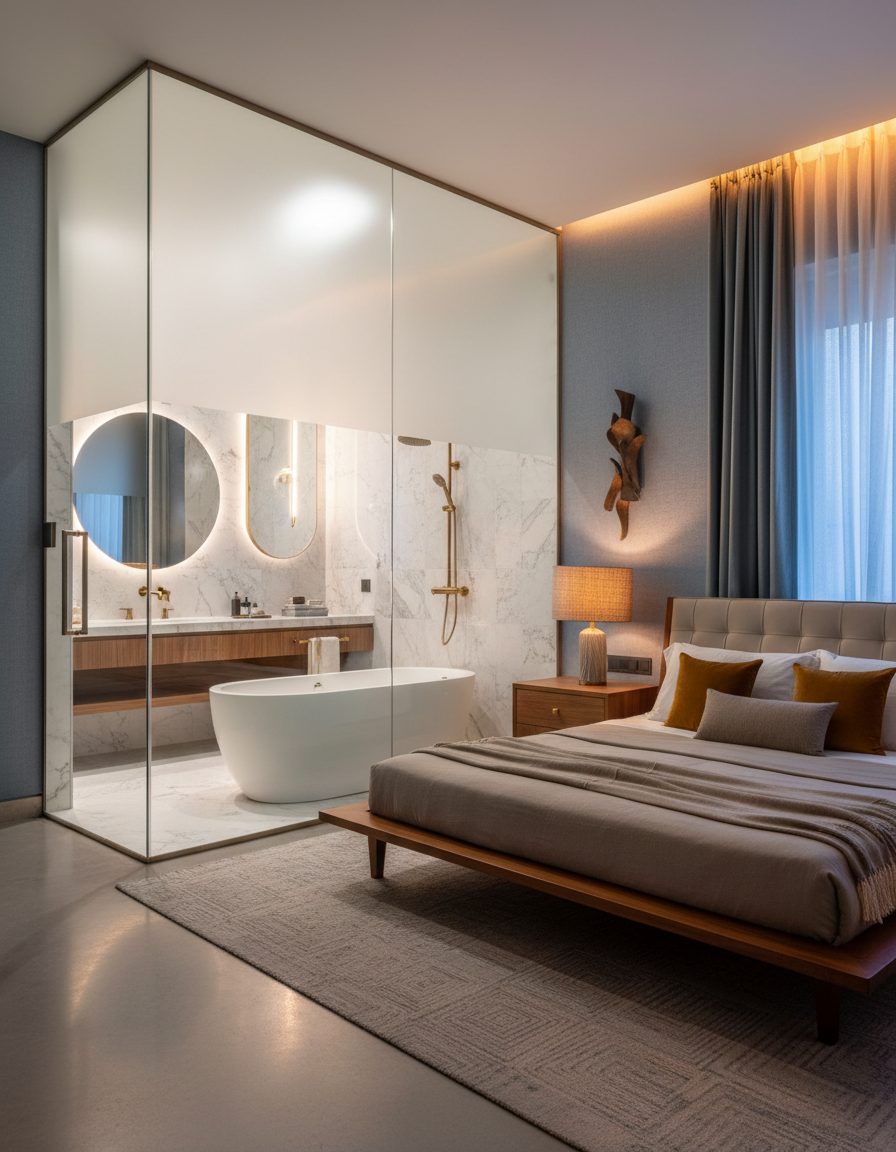 Residential interior where a glass partition replaces a solid wall between rooms