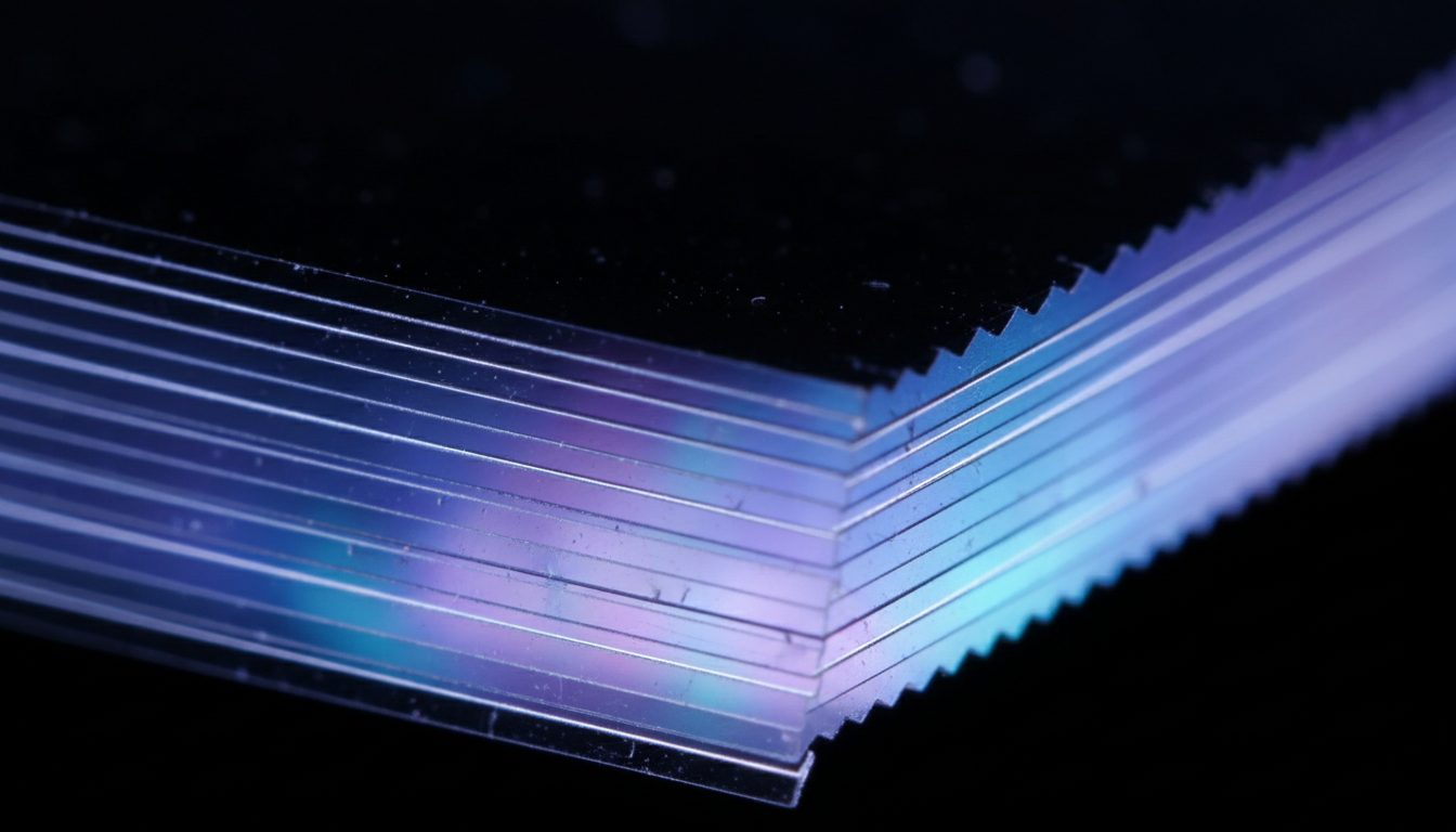 Macro cross-section of the FrostFlip film showing its ITO, PDLC and adhesive layers