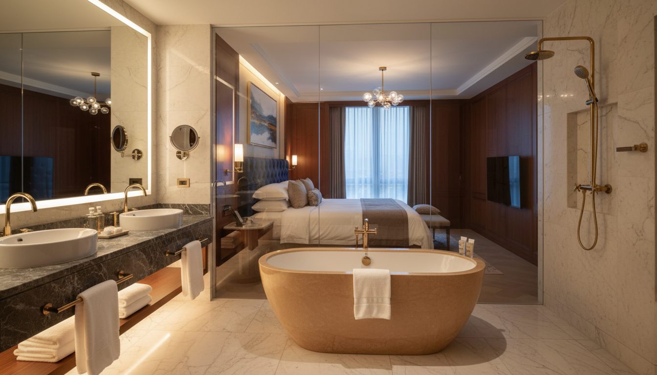 Hotel suite bathtub glass clear, bathroom fully visible from the bedroom