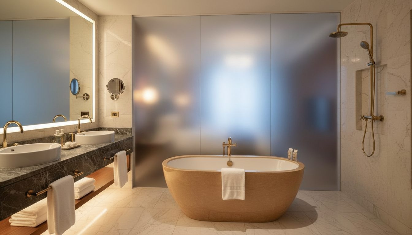 The same hotel suite bathtub glass frosted for privacy