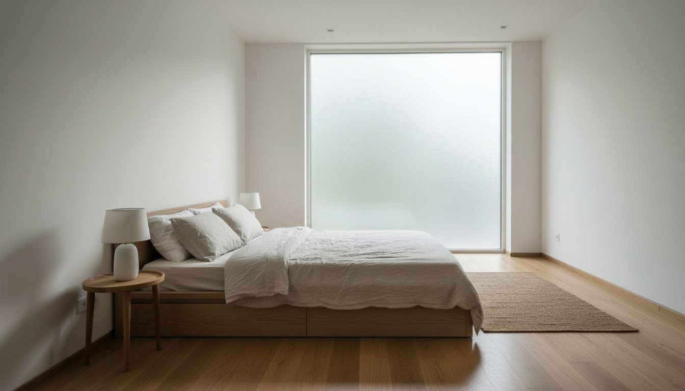 The same bedroom window frosted for privacy from the street