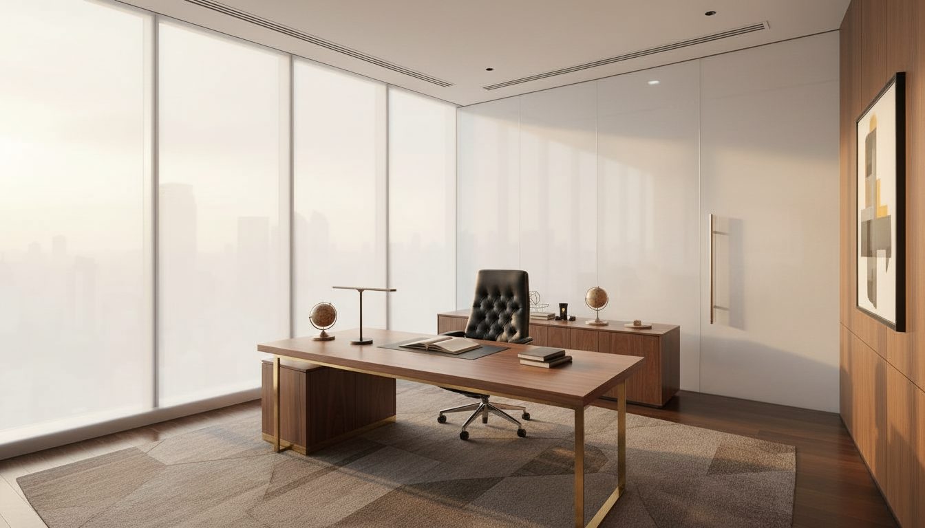 The same executive cabin with the glass walls frosted for privacy