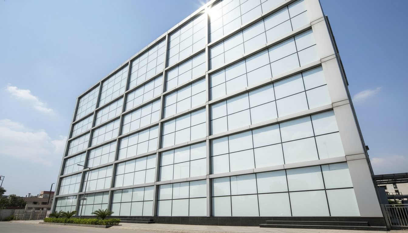 The same facade with panels frosted to cut glare and heat