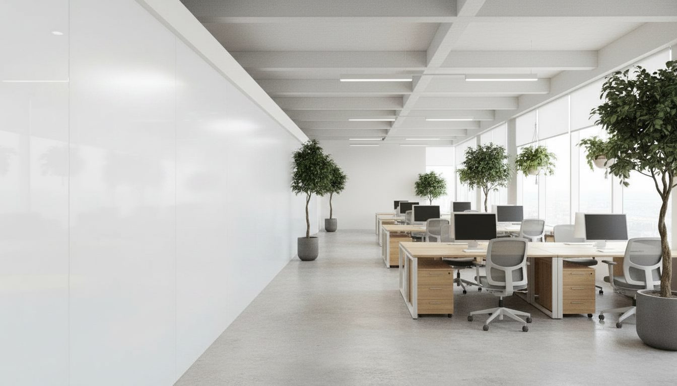 The same office with the meeting pod glass frosted