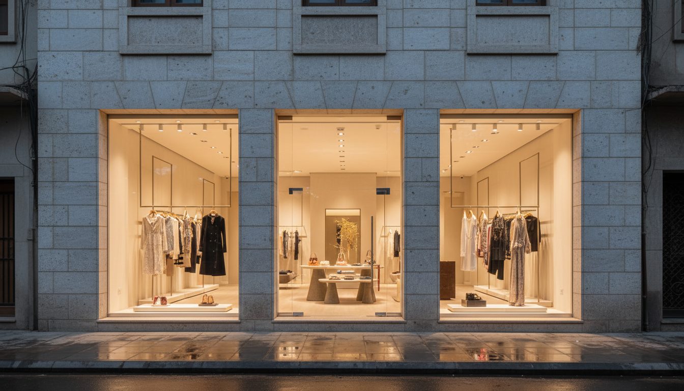 Retail storefront glass clear, full display visible