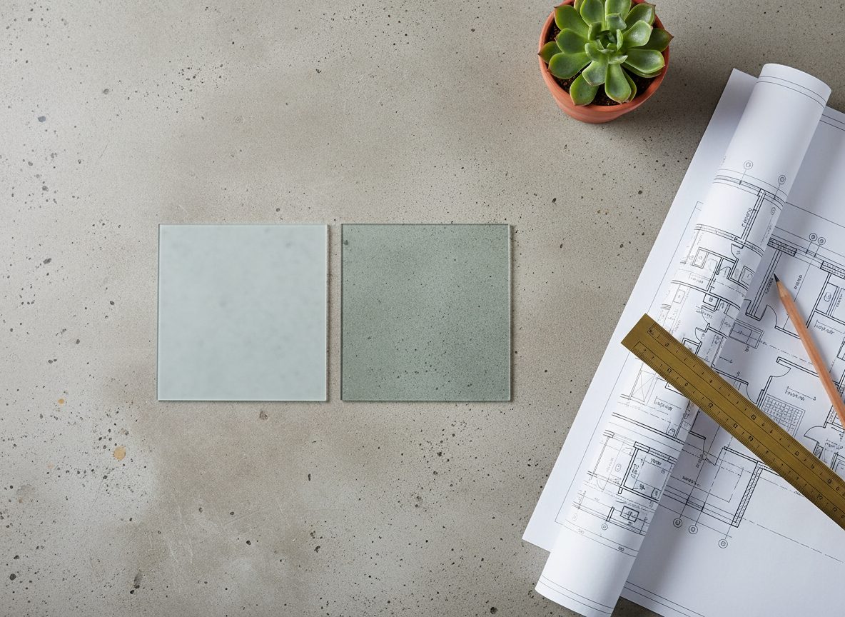 Flatlay of PDLC film samples, swatches and architectural drawings on a studio table