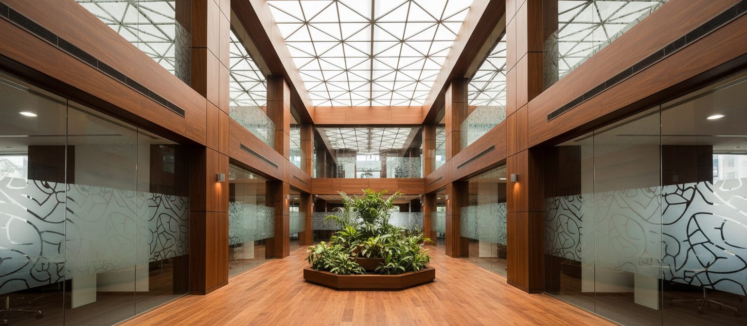 Office atrium with a pattern of frosted and clear glass partitions